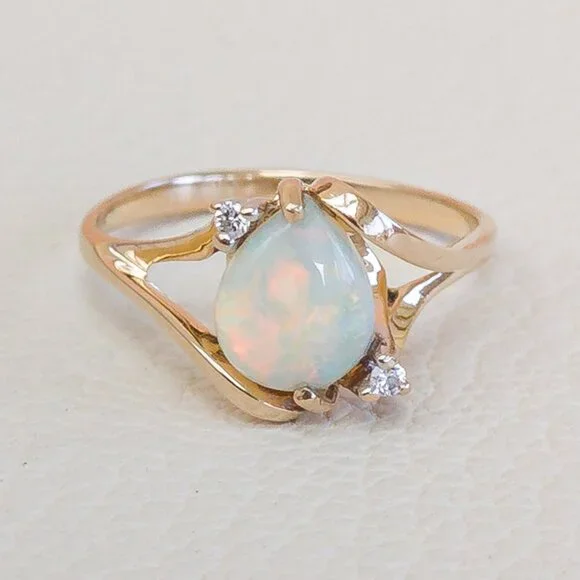 14K Gold Australian Opal & Diamond Ring – Vintage 1990s Setting, Size 6.75 - Picture 8 of 16
